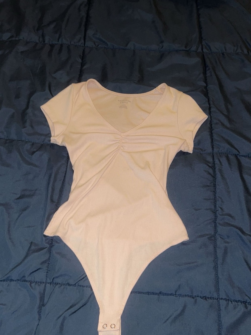 American Eagle Outfitters Cream Ribbed Short Sleeve Thong Bodysuit